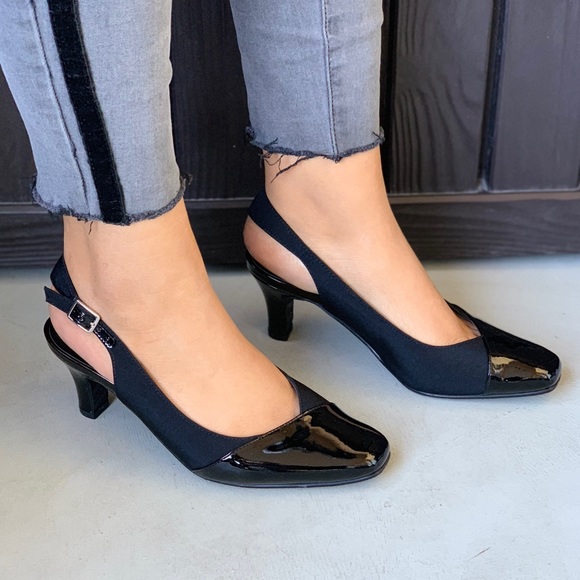 Black Kitten Heel Closed Toe Slingback Pump - Picture 2 of 7